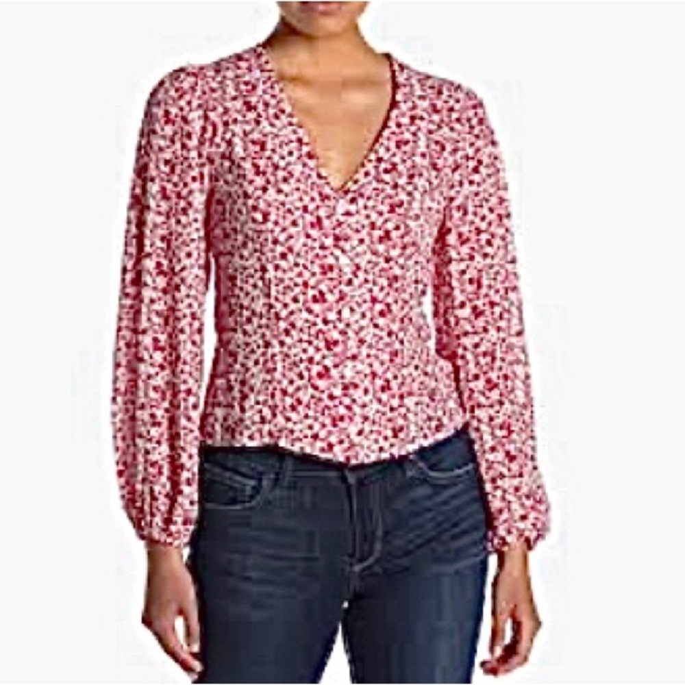 Lush Red & White Floral Print V Neck Long Sleeve Button Down Top, Size XS - Picture 2 of 11